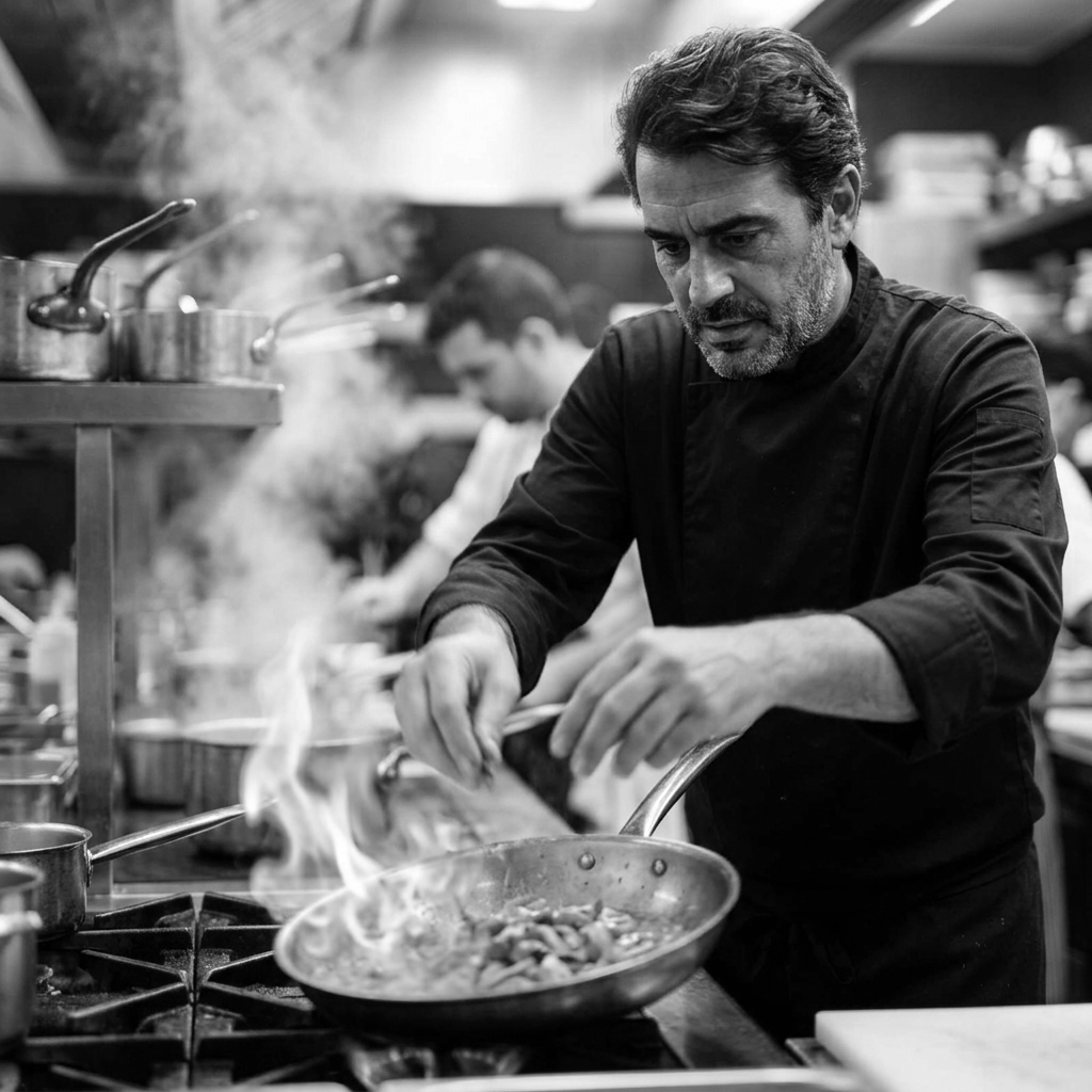 Un chef en cuisine, en train de cuisiner dans une cuisine professionnelle, avec de la fumée et des flammes sortant d'une poêle.