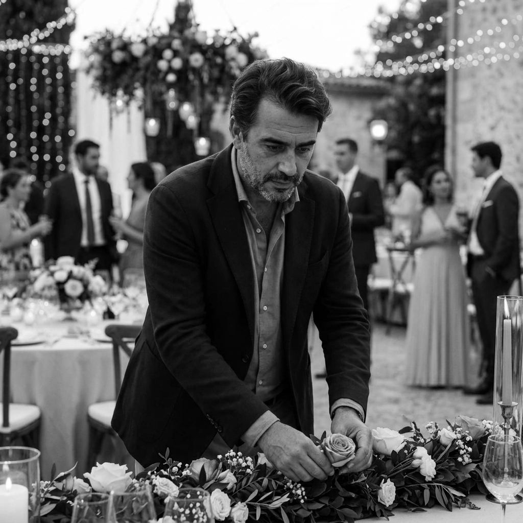 Un homme en manteau noir arrange des fleurs sur une table lors d'une réception ou un mariage en plein air, avec d'autres personnes en arrière-plan discutant et décorations lumineuses.