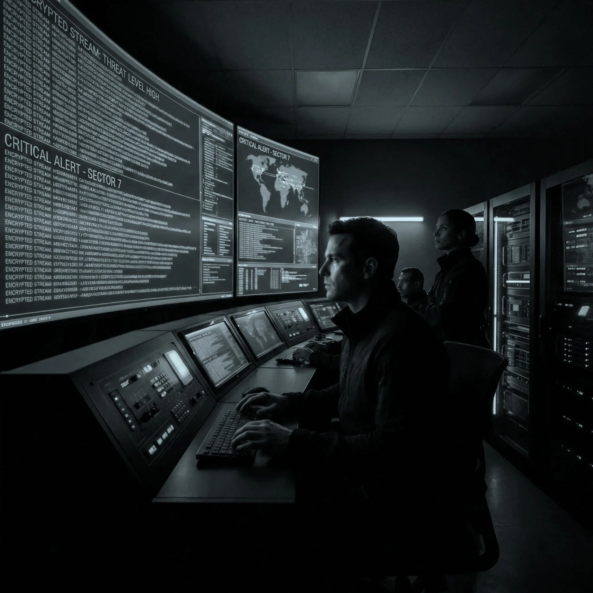 Une salle de contrôle sombre avec plusieurs grands écrans affichant des données, une carte du monde et des alertes. Plusieurs personnes en costume regardent attentivement les écrans.