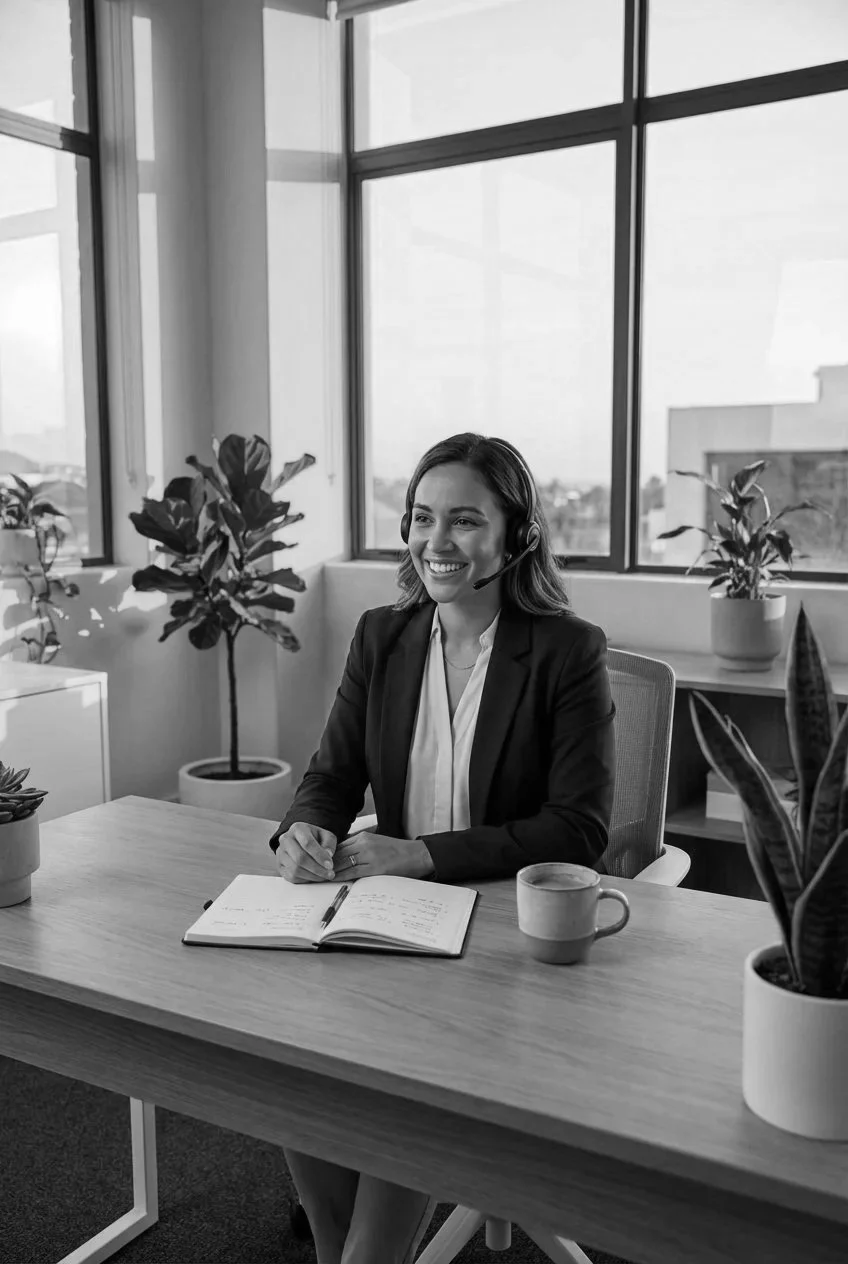 Femme souriante portant un casque avec microphone, assise à un bureau dans un bureau éclairé par de grandes fenêtres, entourée de plantes d'intérieur.