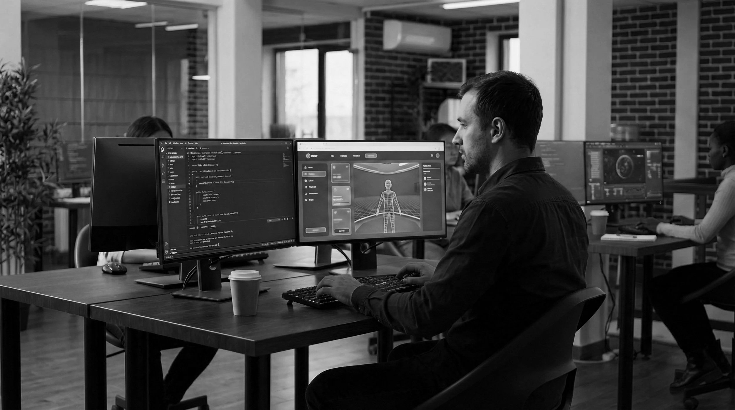 Homme travaillant sur un ordinateur avec deux écrans dans un bureau moderne, utilisant un logiciel de modélisation 3D ou de développement de code, avec d'autres employés en arrière-plan.