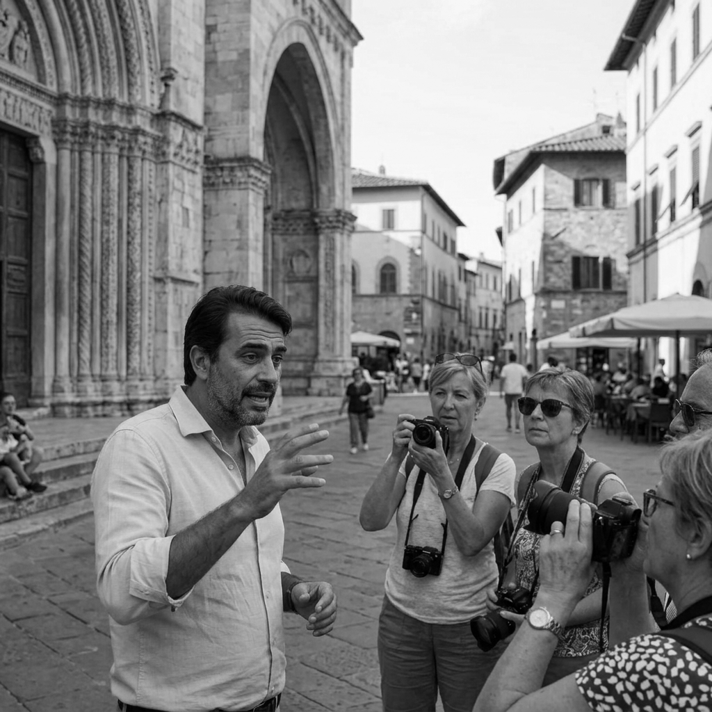 Un homme parle à un groupe de femmes équipées de appareils photo dans une place européenne historique avec des bâtiments anciens en arrière-plan.