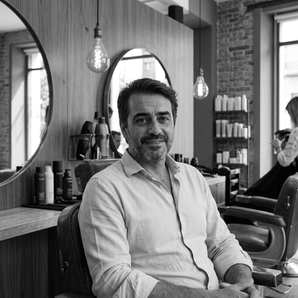 Un homme assis dans un salon de coiffure, avec des miroirs ronds derrière lui, des lampes suspendues, et un espace de travail avec des produits de coiffure sur une étagère.