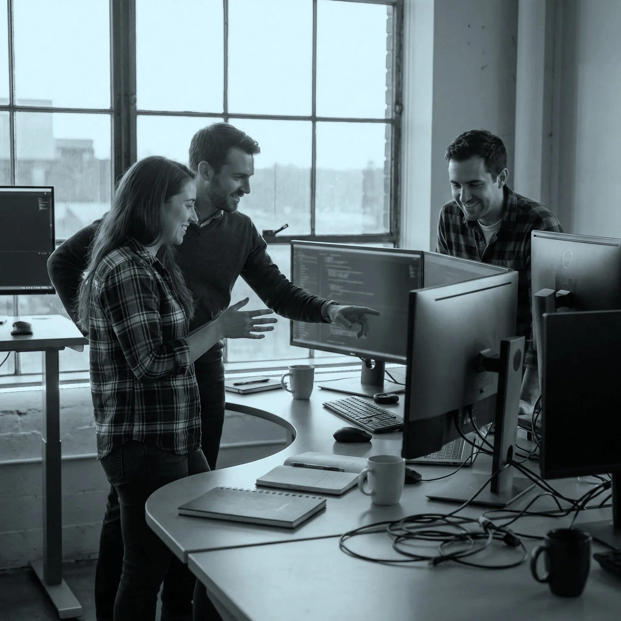 Groupe de personnes souriantes collaborant autour d'ordinateurs dans un bureau moderne avec grandes fenêtres.