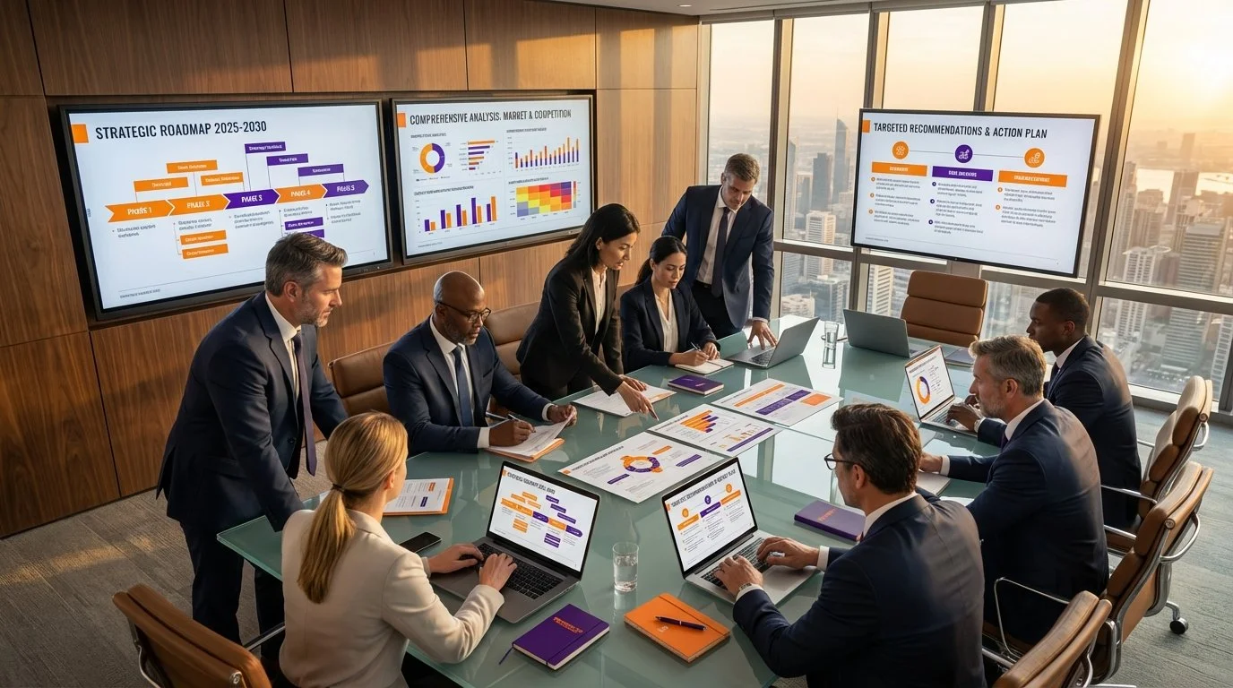 Une réunion d'affaires dans une salle de conférence avec des personnes en costume discutant et utilisant des ordinateurs portables, avec des graphiques et des présentations affichés sur des écrans derrière eux pendant la journée dans un immeuble avec