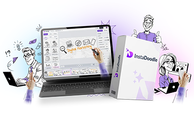 Illustration of a digital planning tool on a laptop screen, with characters using a tablet and phone, promoting InstaDoodle for digital marketing and content creation.
