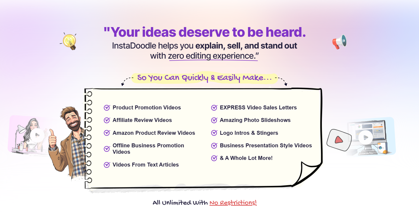 Promotional graphic for InstaDoodle showcasing various video creation services, featuring cartoon characters and icons, with headlines emphasizing quick, easy, and unlimited video production for business needs.