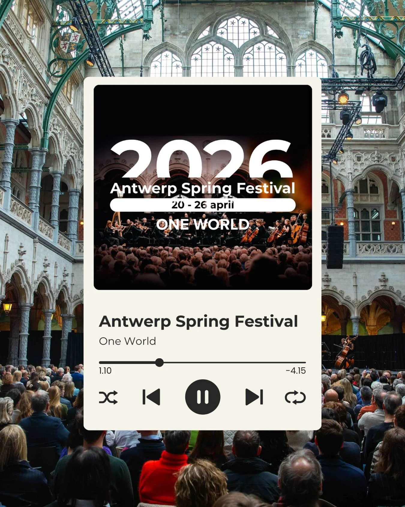 Kom alvast in de festivalsfeer met de 𝗔𝗻𝘁𝘄𝗲𝗿𝗽 𝗦𝗽𝗿𝗶𝗻𝗴 𝗙𝗲𝘀𝘁𝗶𝘃𝗮𝗹 𝗽𝗹𝗮𝘆𝗹𝗶𝘀𝘁 op Spotify 🎶

Van het aangrijpende Adagietto uit Mahlers Vijfde tot Cristina Clara&rsquo;s zwoele mix van Kaapverdische morna en Portugese fado: deze