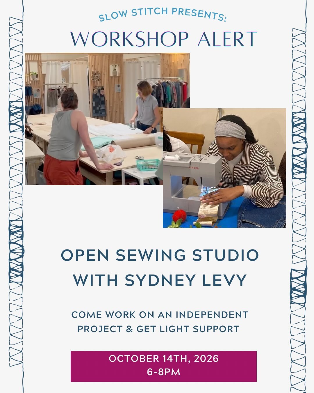This Wednesday! Open Studio Lab with @sewnbysydneyy from 6-8pm.  This is not a class, but a space to get light support and bring your own independent projects.  If you&rsquo;ve taken any basic sewing class at Slow Stitch before you can have access to