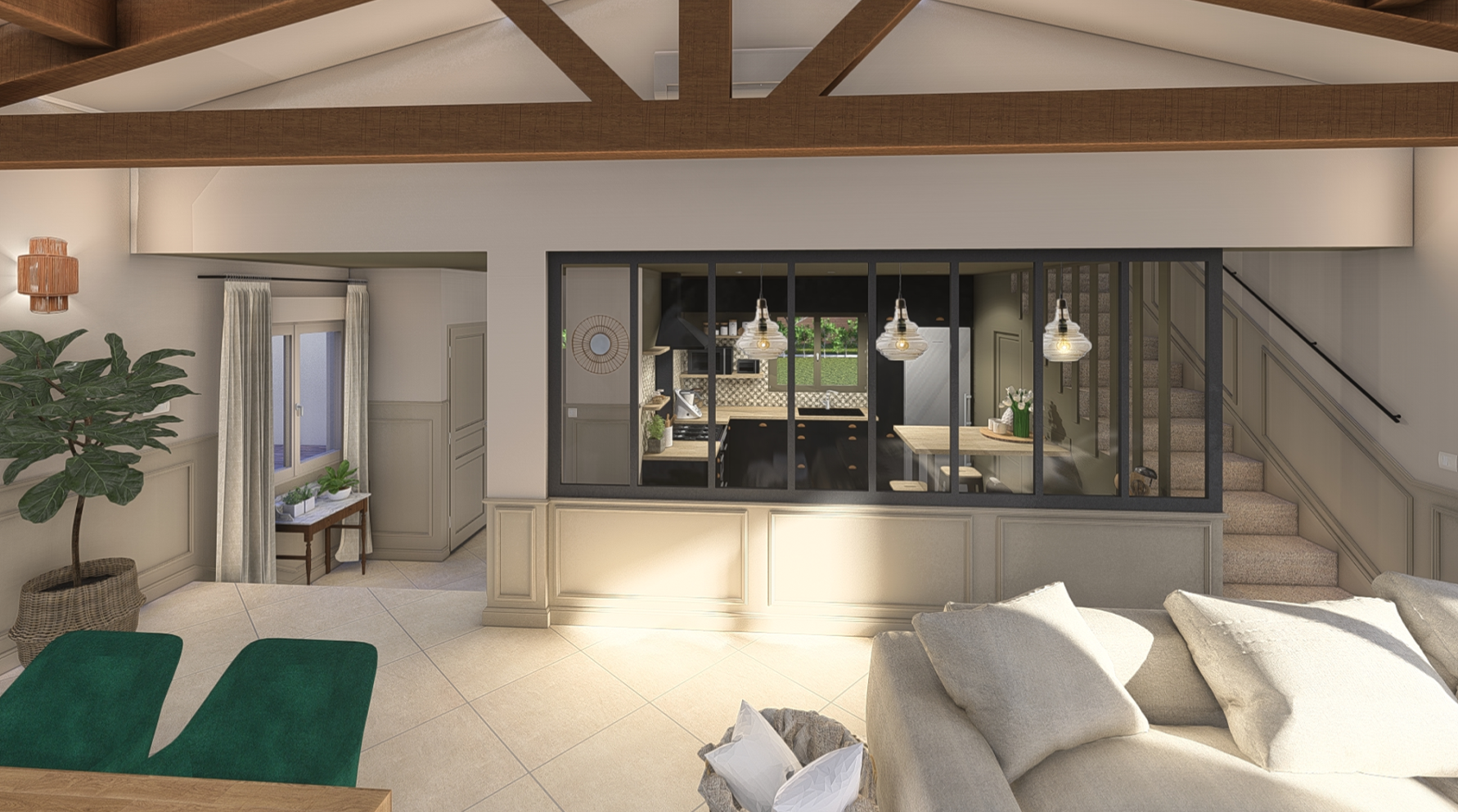 Cuisine peinte en kaki mur et plafond soubassement en moulure