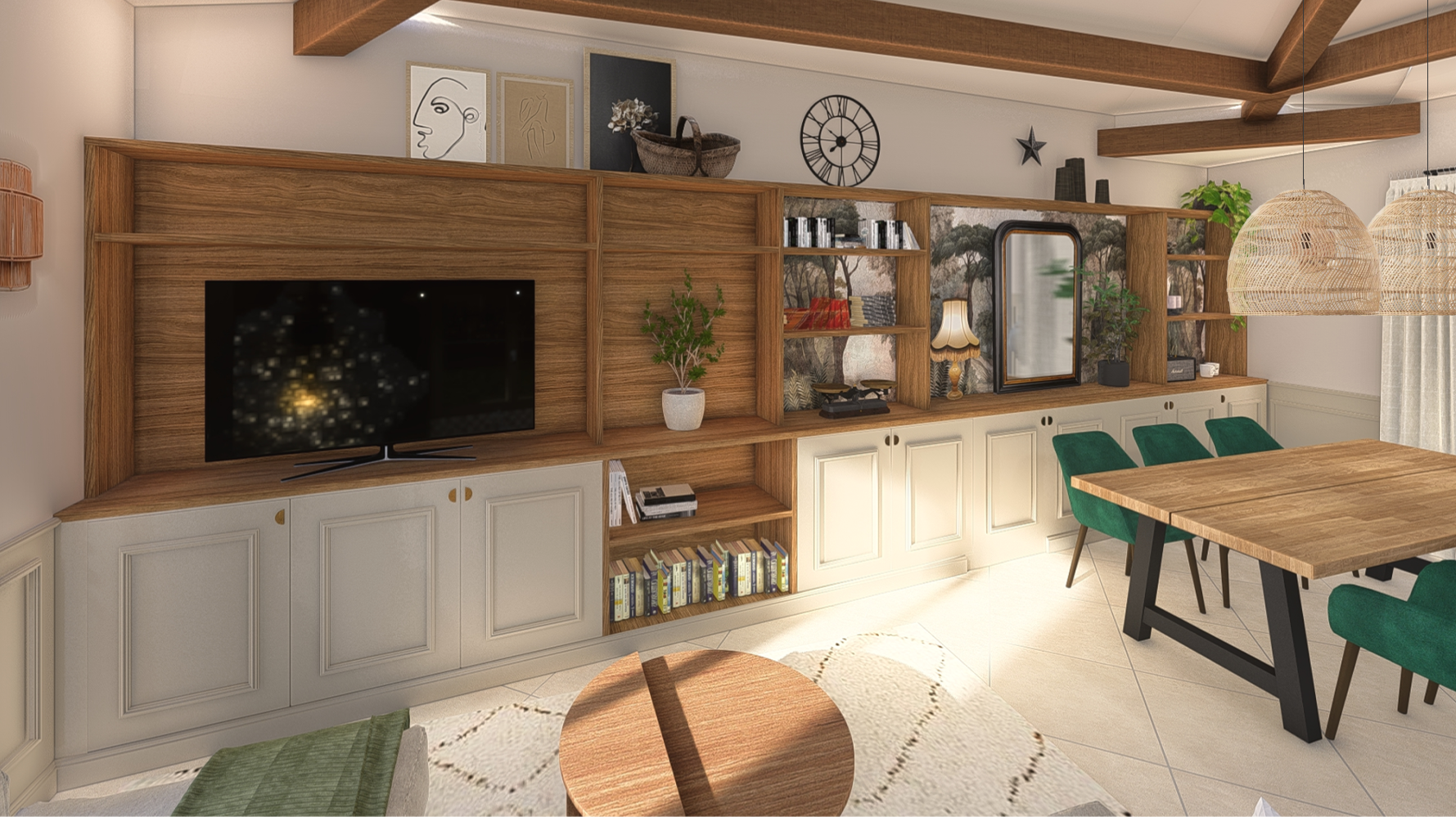 Meuble TV, bibliothèque sur mesure chêne massif et moulures