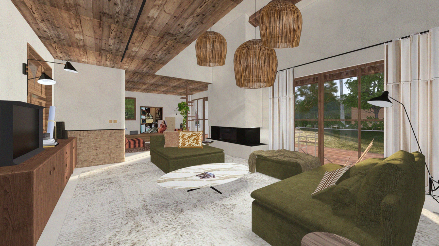 Visuel 3d pour présenter l'aménagement du salon avec l'intégration de la cheminée et du grand salon