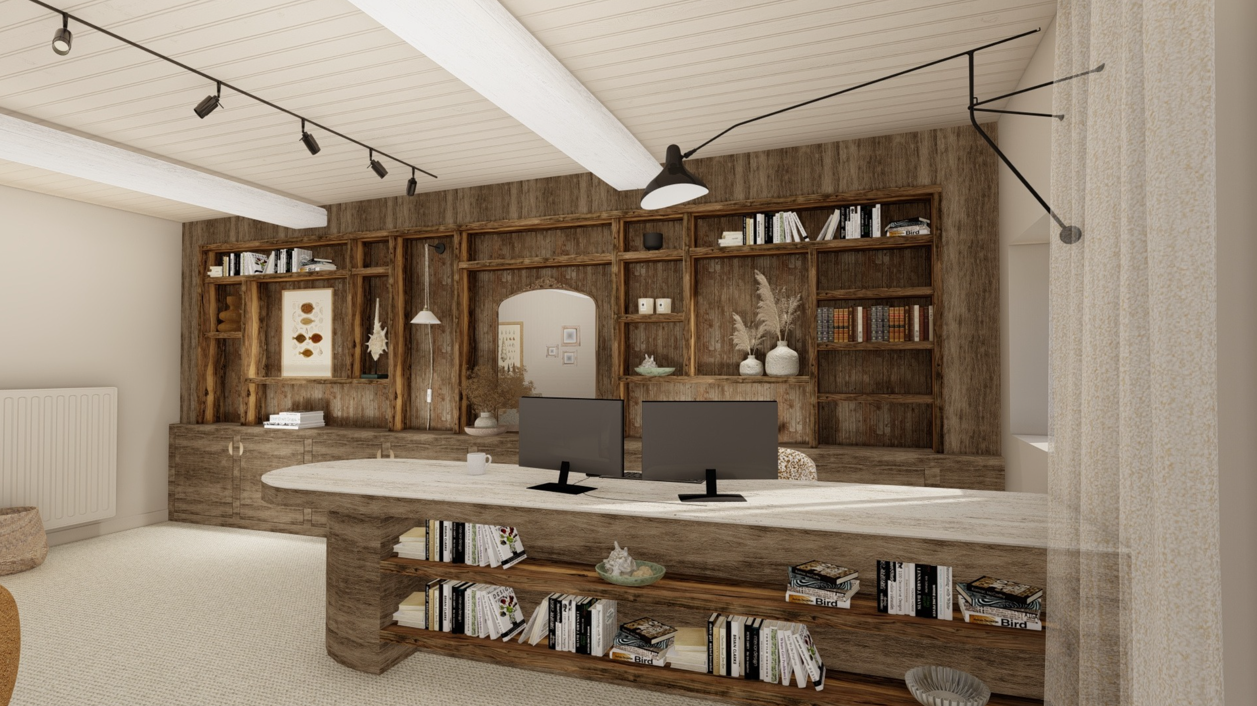 Visuel 3d logiciel Lumion montrant les meubles sur mesure en vieux bois et le bureau en travertin et vieux bois pour la prestation décoration d'intérieur