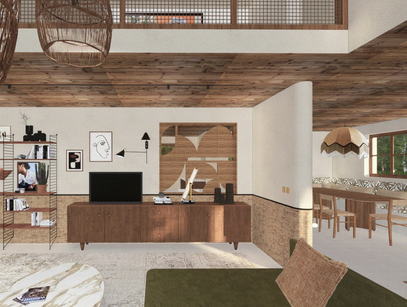 Modélisation 3d de l'enfilade année 60 pour le meuble tv et de la verrière en bois sculpté soubassement avec le papier elitis