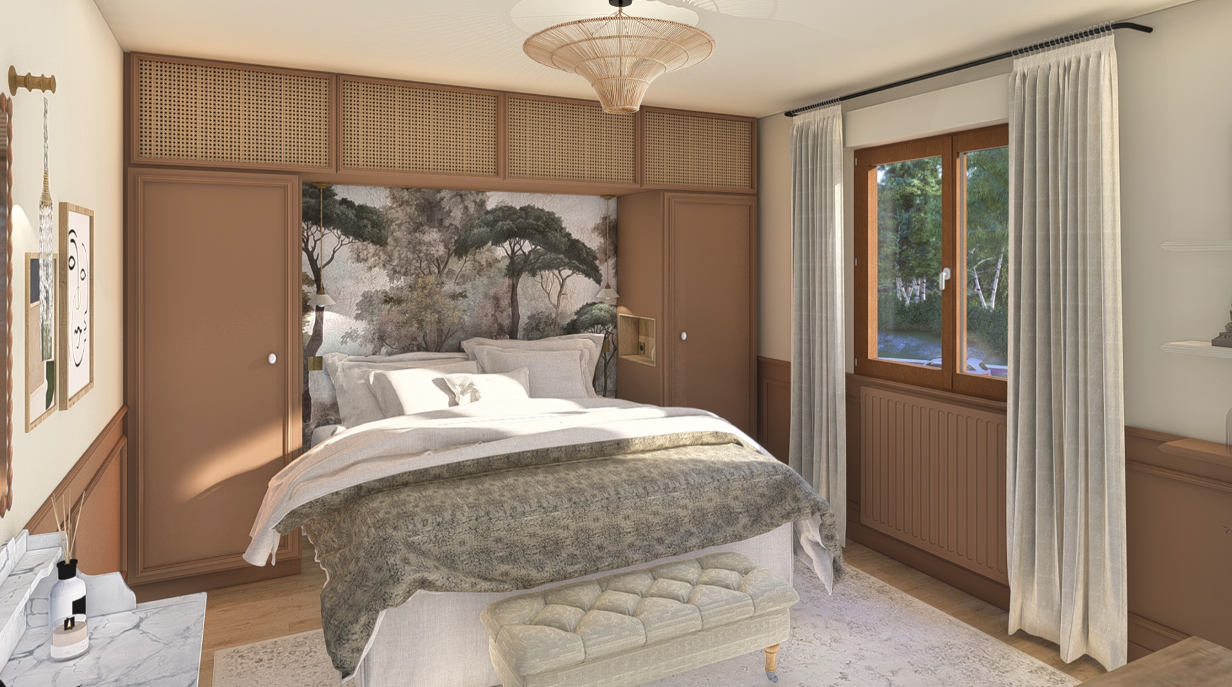 Meuble sur mesure avec rangement et cache bloc clim papier peint ananbo peinture terracota