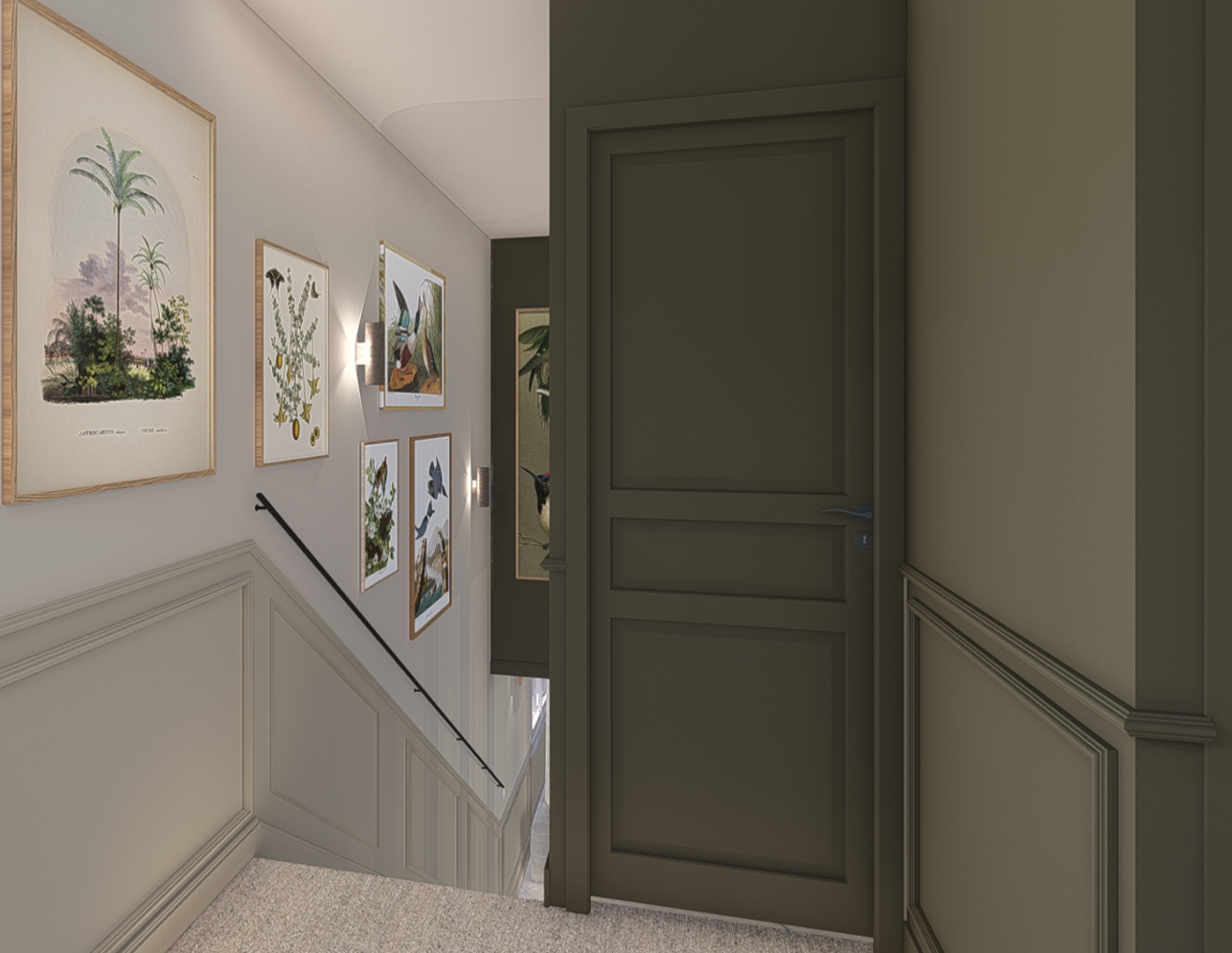 Soubassement en moulure mur de tableau mur kaki moquette au sol