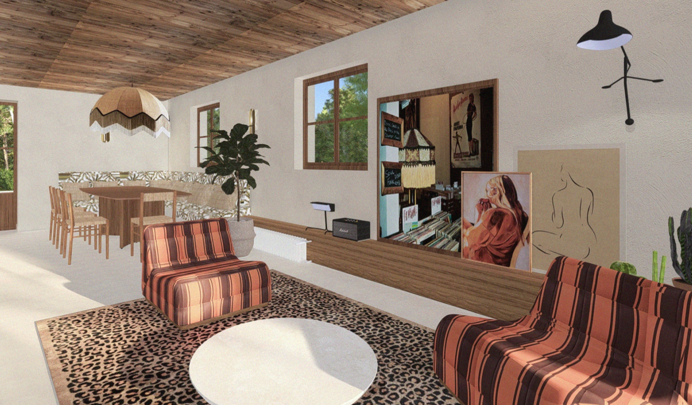 Visuel de la salle à manger avec une grande banquette d'angle tapisser avec du tissu Elitis et une suspension sur mesure