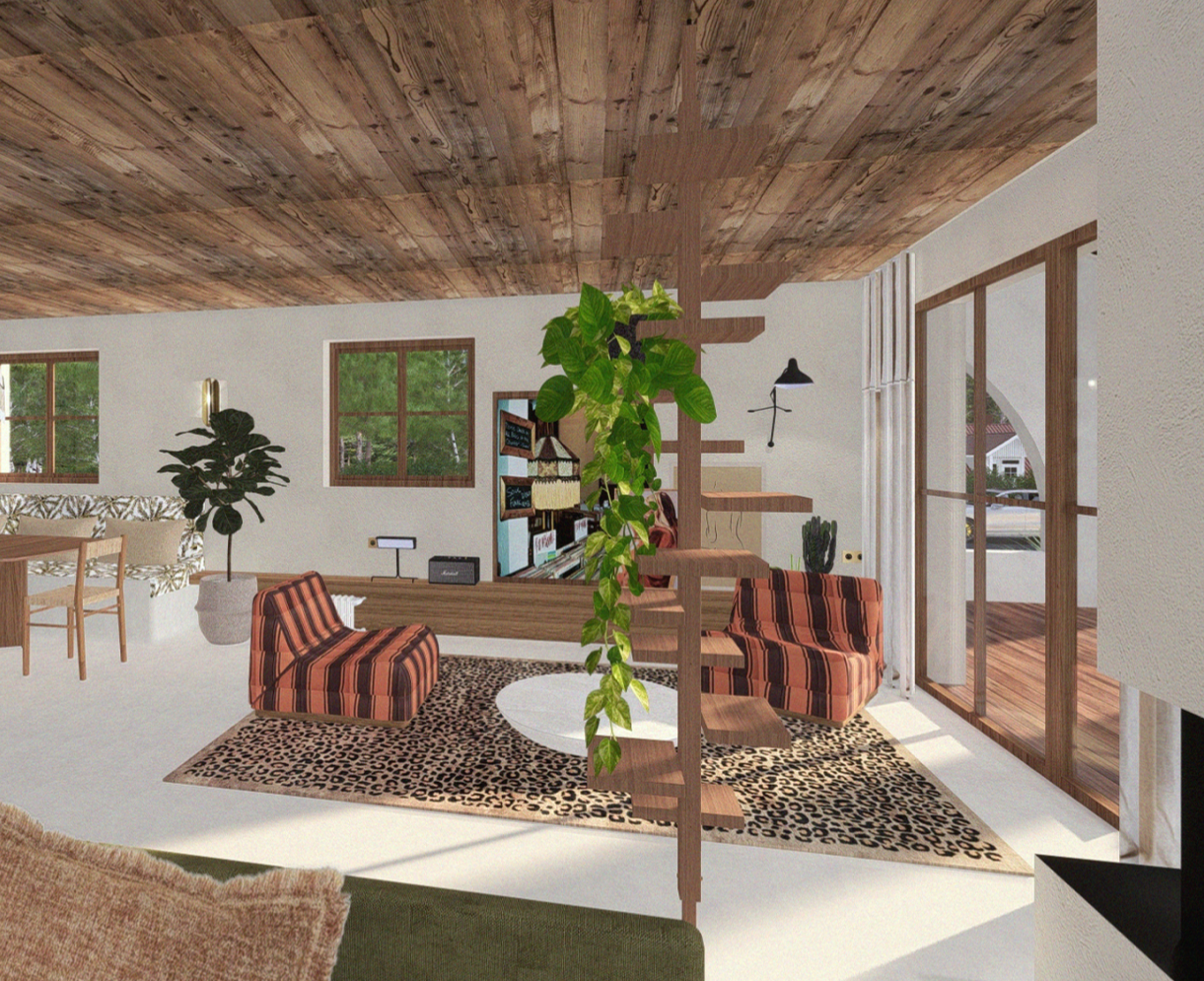 Modélisation 3d de l'espace lecture musique avec une étagère basse pour la dépose des tableaux dans un esprit galerie deux fauteuil hk living et un tapis elitis