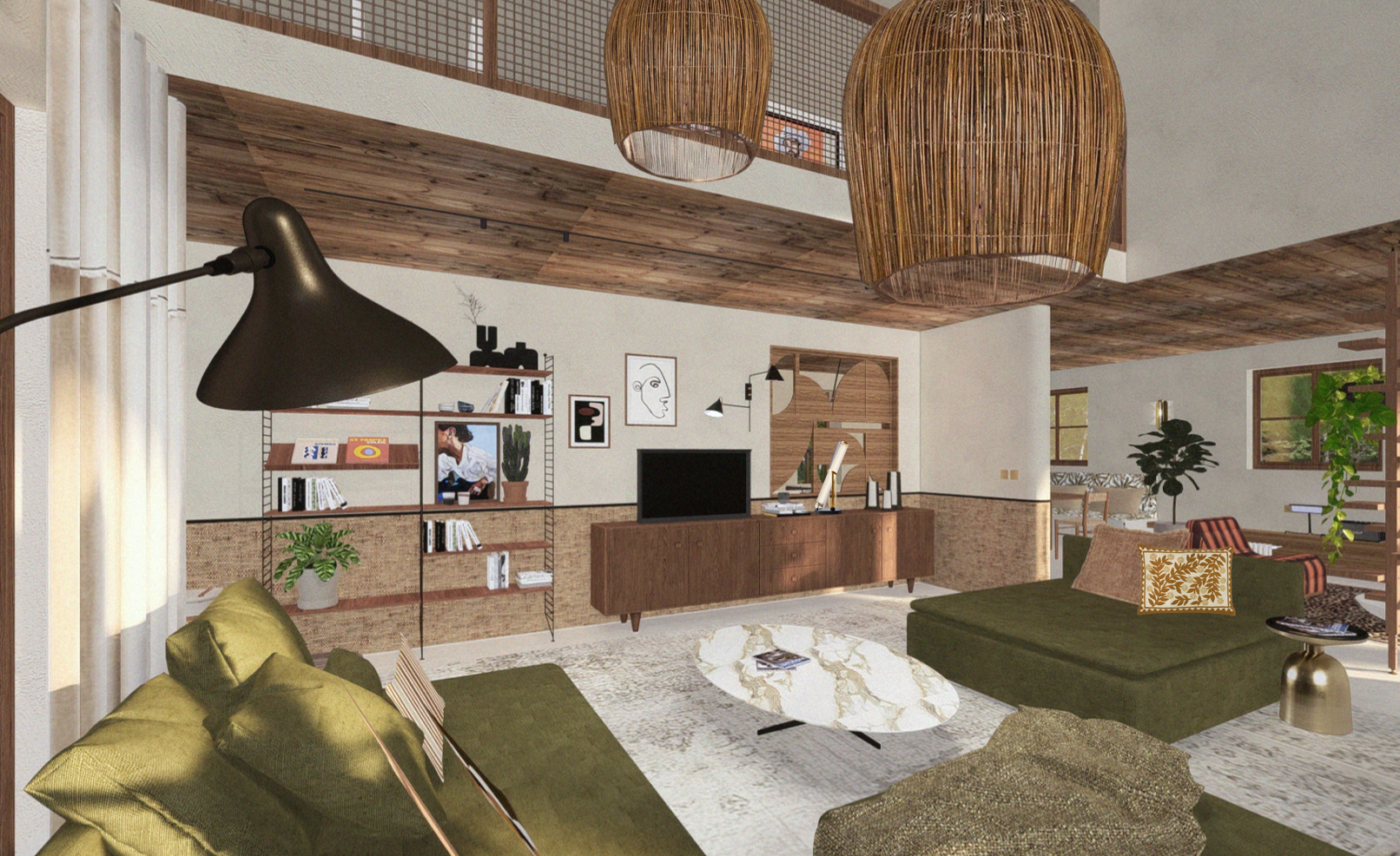 Modélisation 3d de la pièce de vie plafond en bardage bois brulé soleil soubassement en papier peint Elitis verrière en bois sculpté bibliothèque string