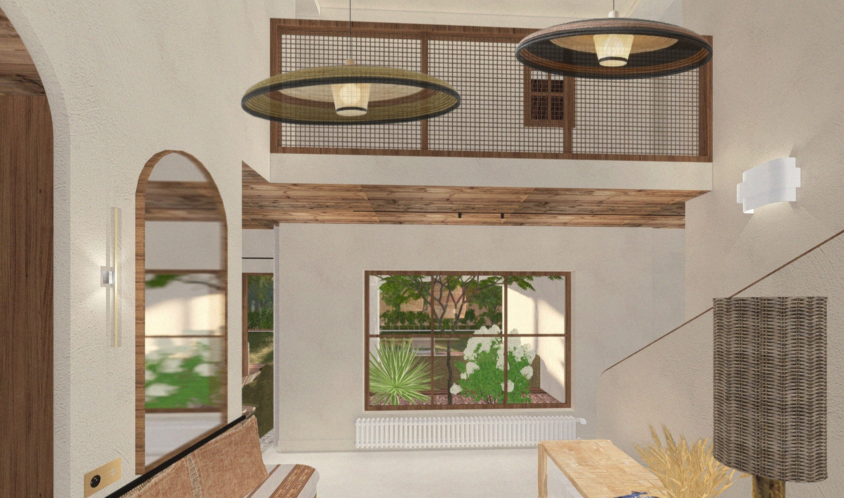 Visuel 3d de l'entrée avec un plafond en bardage bois un enduit à la chaux sur les murs et des luminaires Forestier