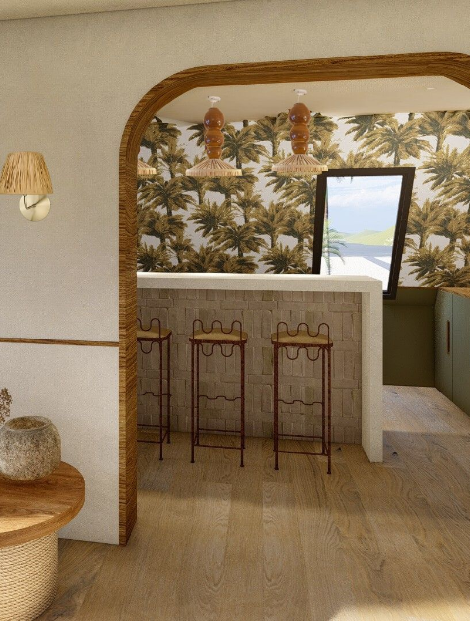 illustration 3D avec papier peint palmiers