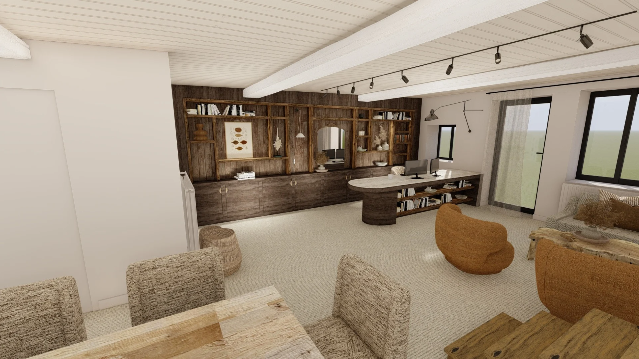 Prestation décoration d'intérieur, meuble sur mesure vieux bois bardage, plateau travertin, sélection mobilier