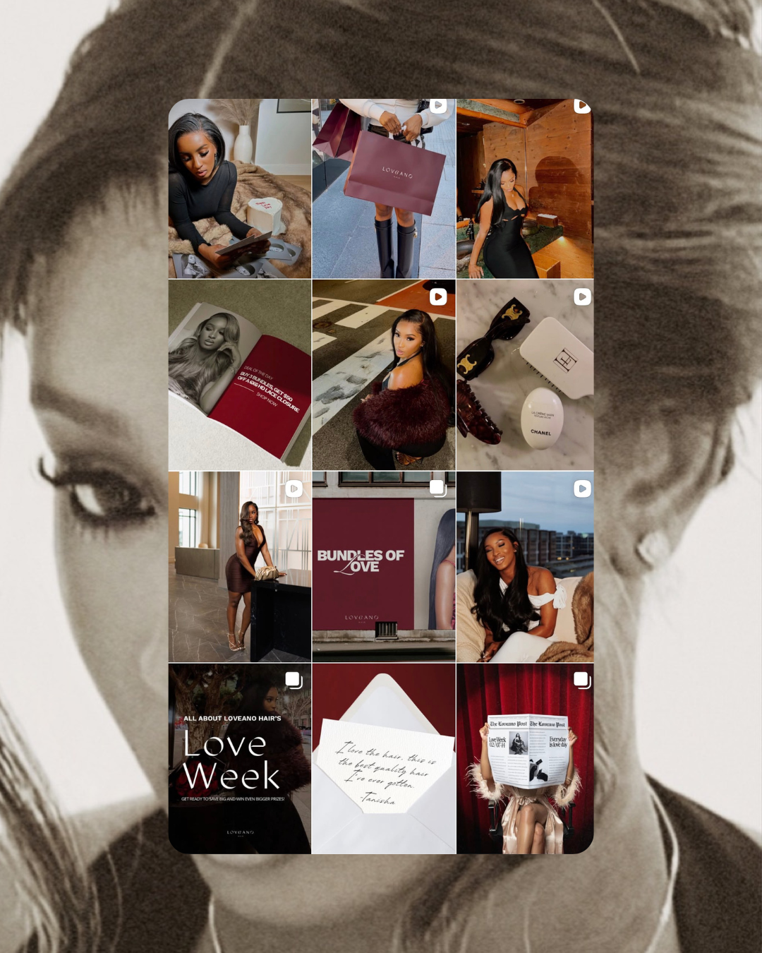 A collage of various photos featuring a woman with long black hair, shopping, posing, and promotional posts related to Loveano hair products, including packaging and advertisements.