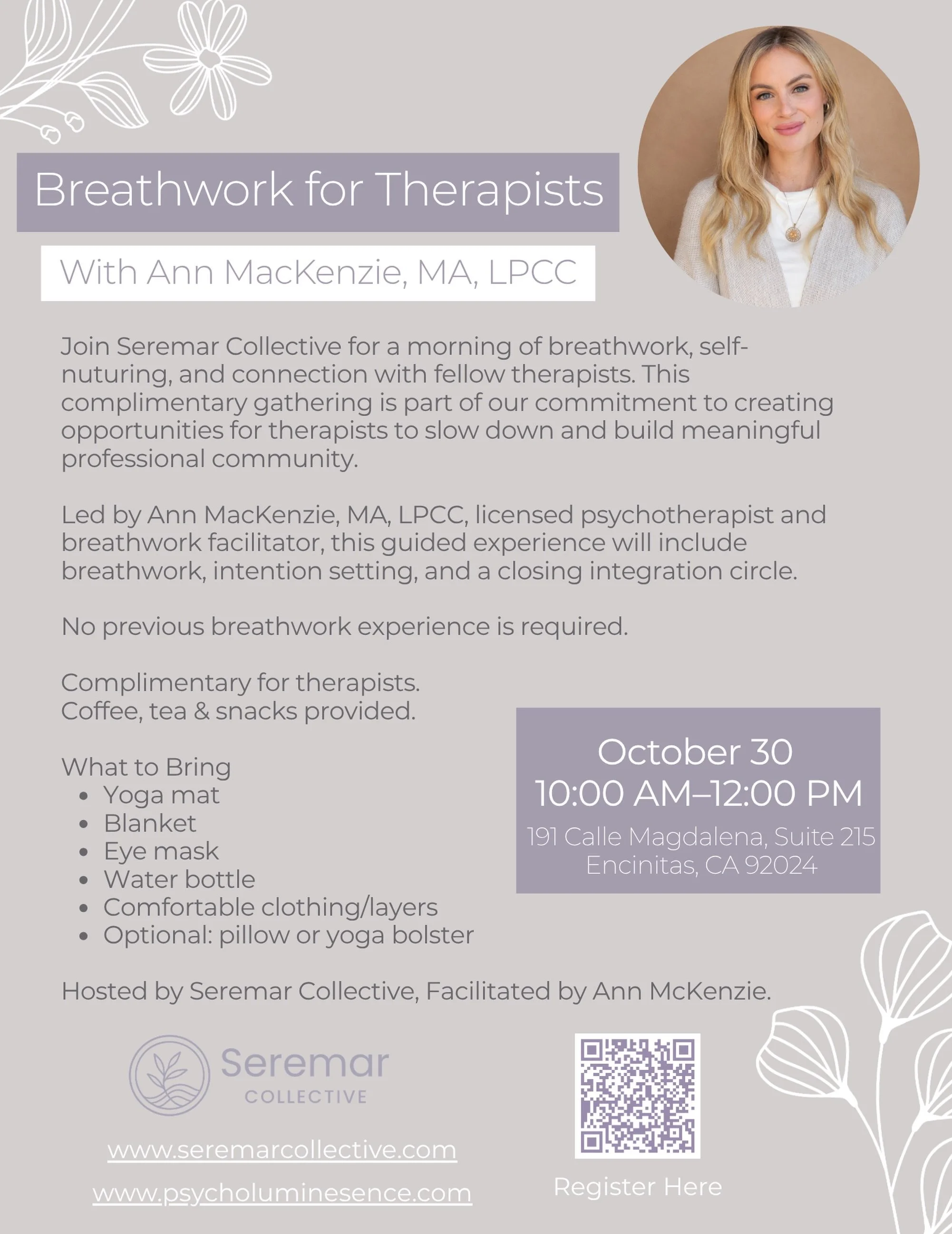 A morning to breathe, reconnect, &amp; pour back into yourself.

Calling all therapists to join us for a complimentary morning of guided breathwork, intention setting, self nurturing, &amp; connection with fellow therapists.

No previous breathwork e