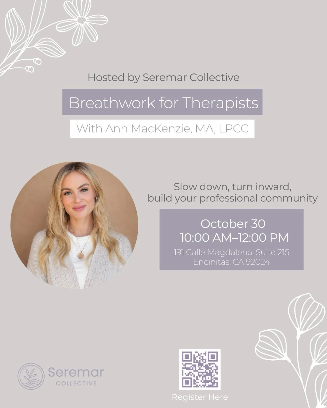 A morning to breathe, reconnect, &amp; pour back into yourself.

Calling all therapists to join us for a complimentary morning of guided breathwork, intention setting, self nurturing, &amp; connection with fellow therapists.

No previous breathwork e