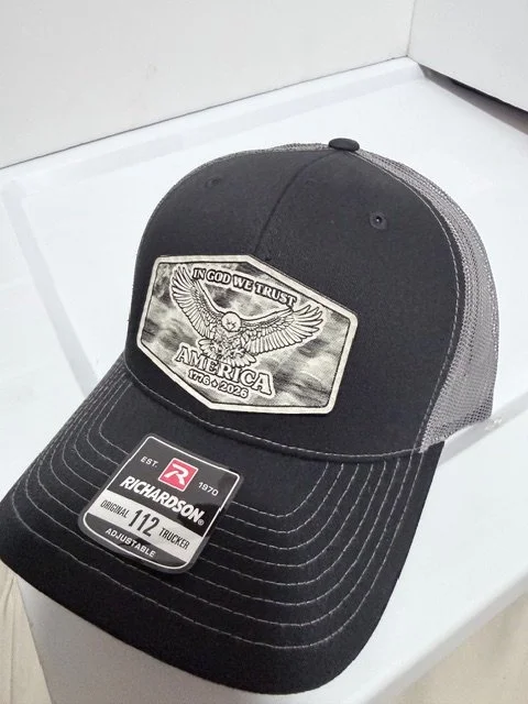 custom laser engraved leatherette America 250th anniversary patch hat