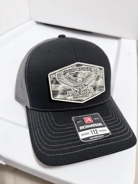 custom laser engraved leatherette America 250th anniversary patch hat