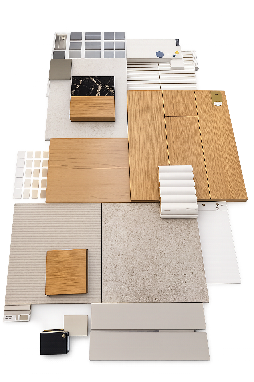 Arrangement of various kitchen and interior design materials including wood and tile samples.