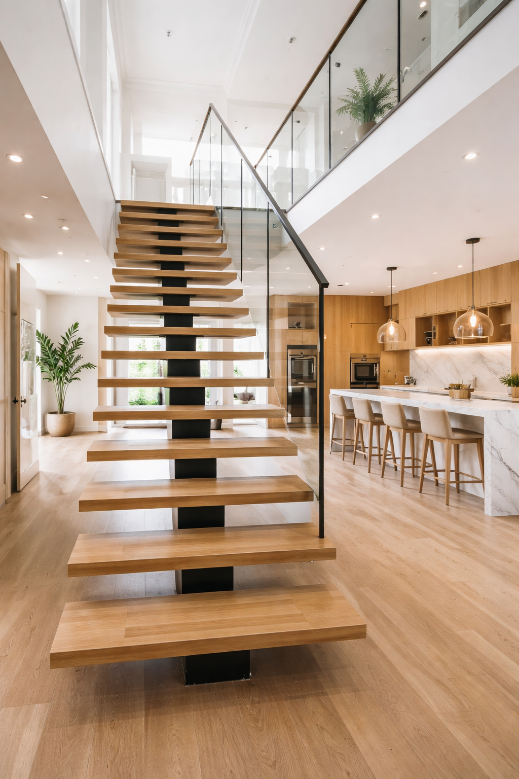 steel mono stringer with white oak treads and stand-offs glass railings