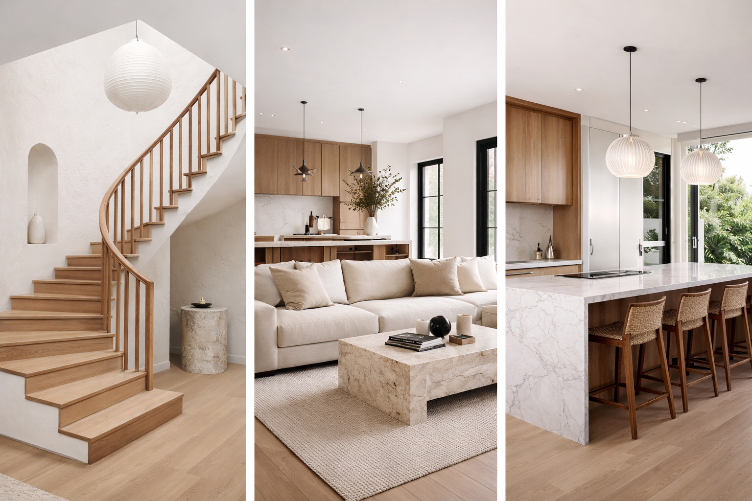 Three-panel collage of a modern, minimalist home interior featuring a wooden staircase, a living room with a beige sofa, and a kitchen with marble countertops and pendant lights.