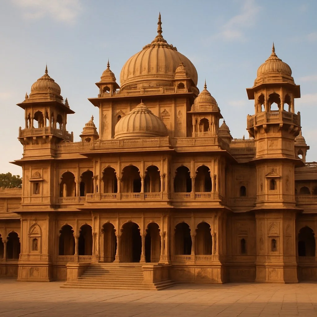 A historical sandstone building with domes and ornate arches, typical of Indian architecture, under a clear sky.