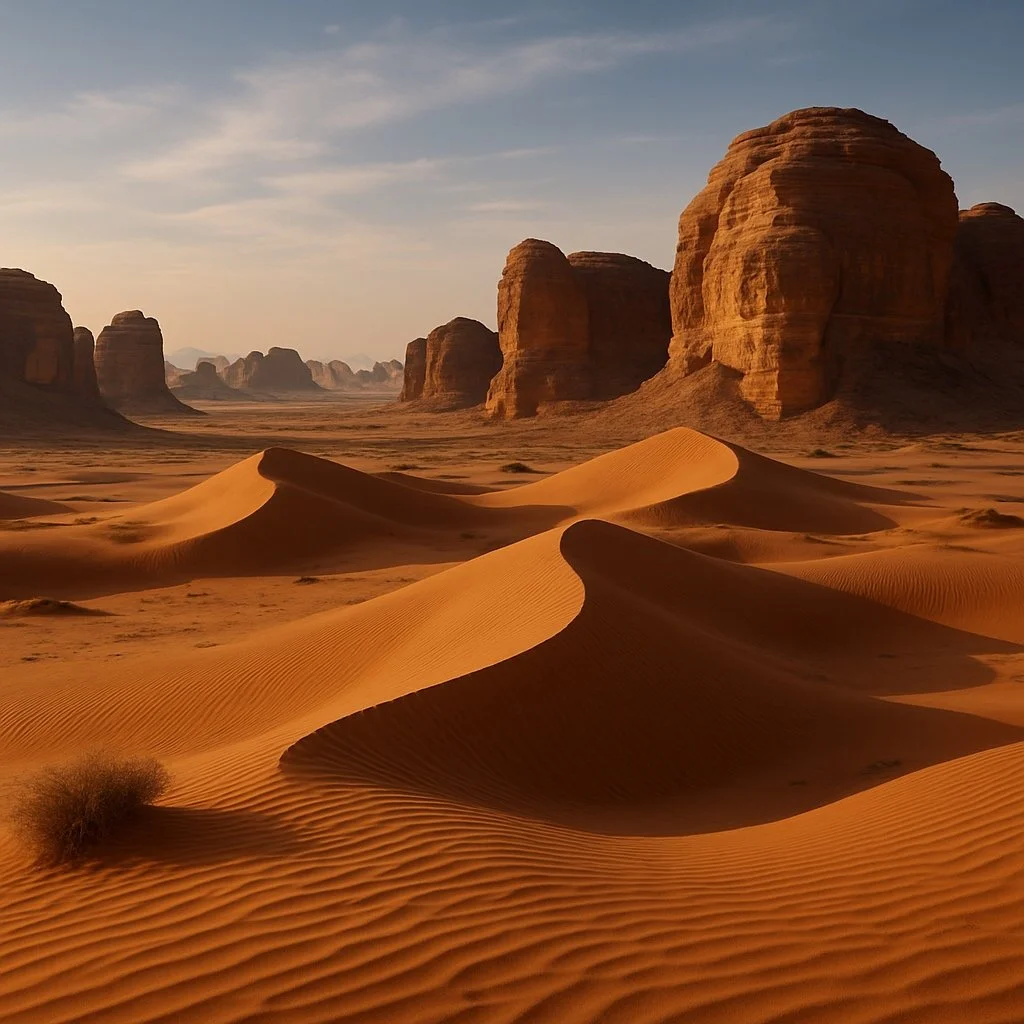 Sandy desert with dunes and large rock formations under a partly cloudy sky.