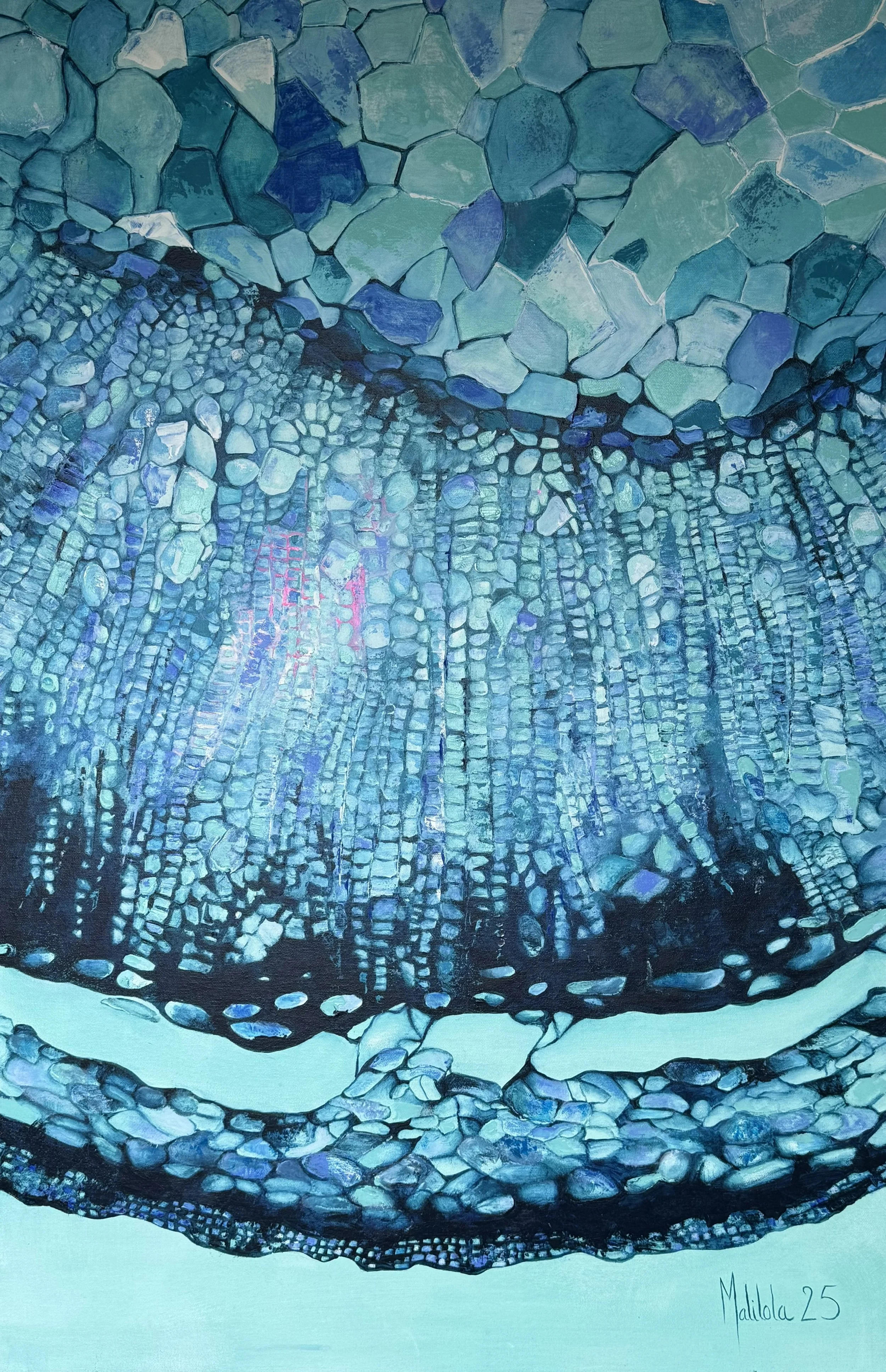 Malilola's anatomy of  a ringed memory, an abstract painting featuring blue and turquoise mosaic patterns that resemble the inside of a shell or a stained glass window, with a signature 'Malika 25' in the bottom right corner.