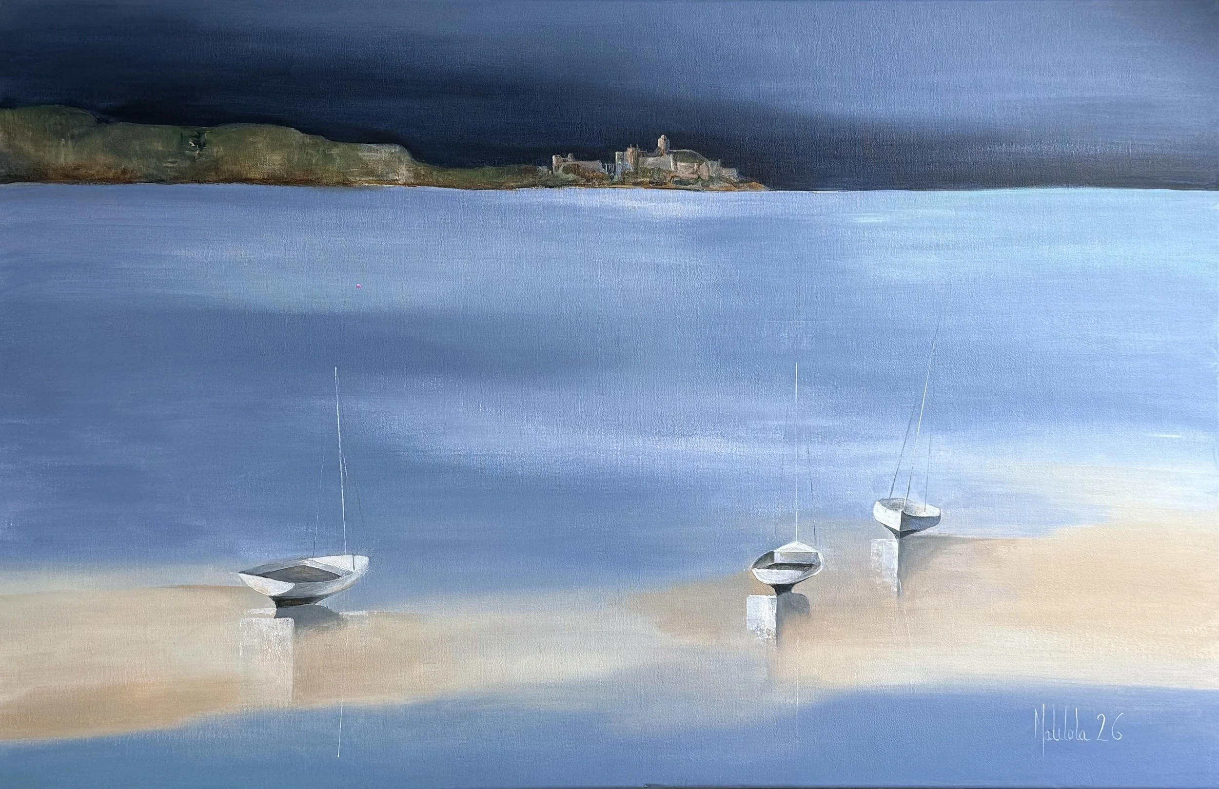 Malilola's painting of Fort la latte, in Brittany, a calm harbor scene with four sailboats anchored near the shore, a large body of water, and a castle or fortress on a hill in the background during sunset or sunrise.