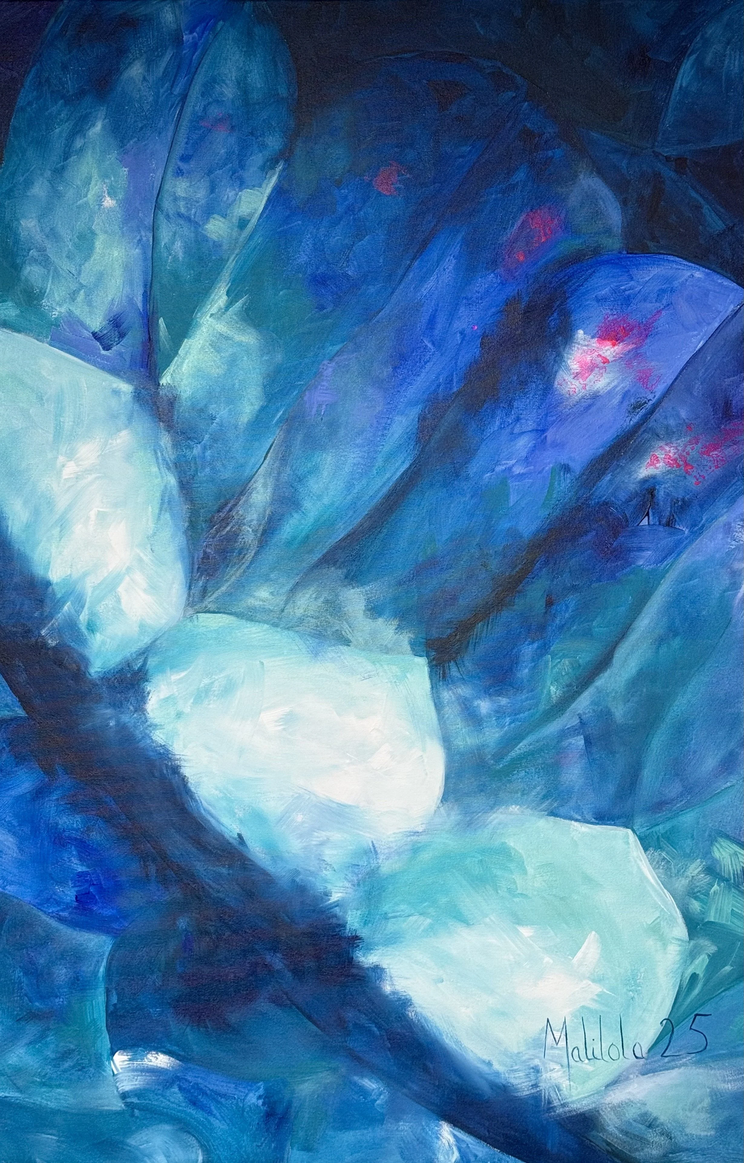 Malilola's Ephemeral pose, Abstract painting with shades of blue, white, and hints of purple and pink, signed 'Malida 25' in the bottom right corner.
