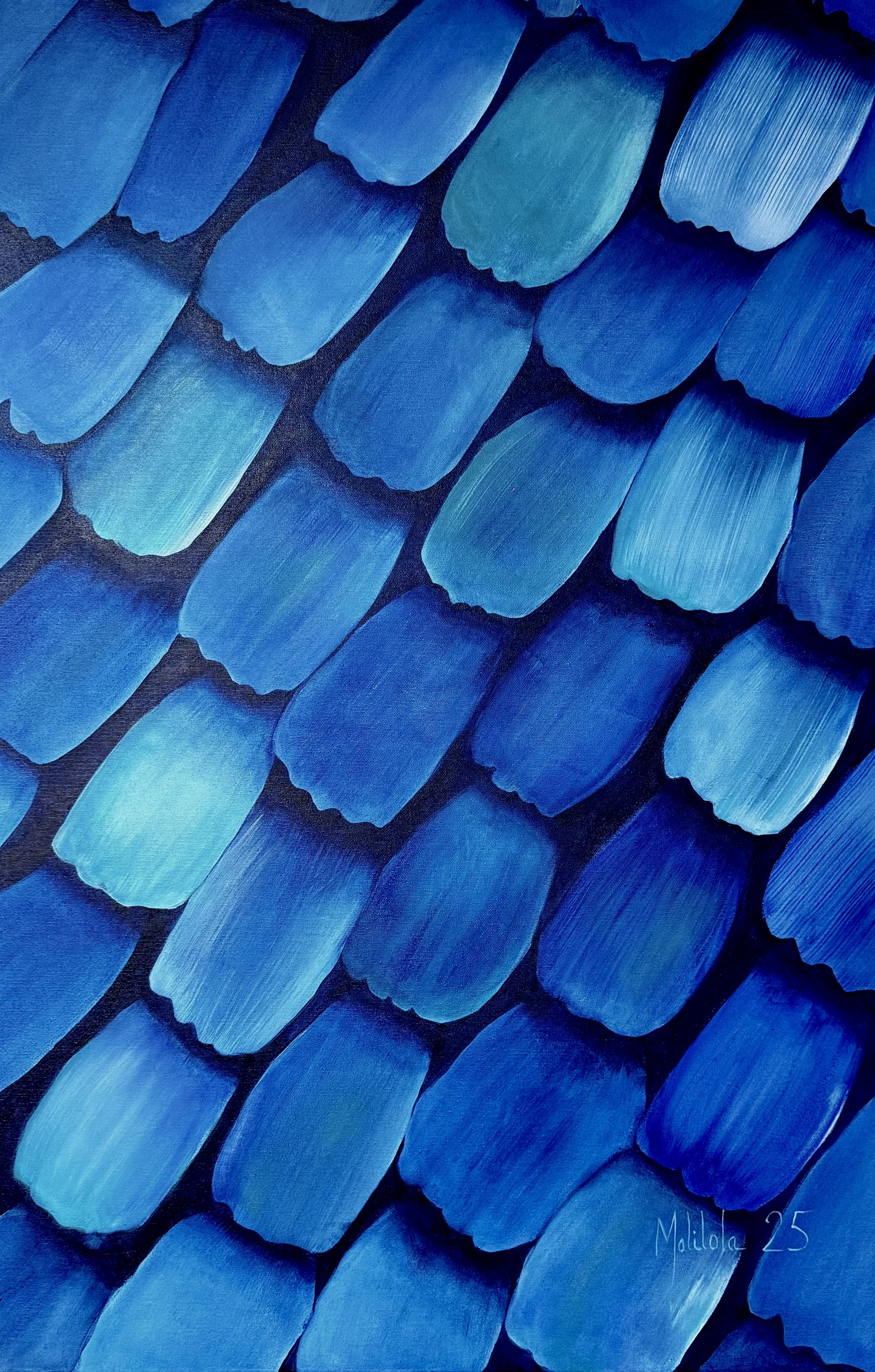 Malilola's butterfly wing scales, Close-up of blue-painted feathers layered in a pattern.