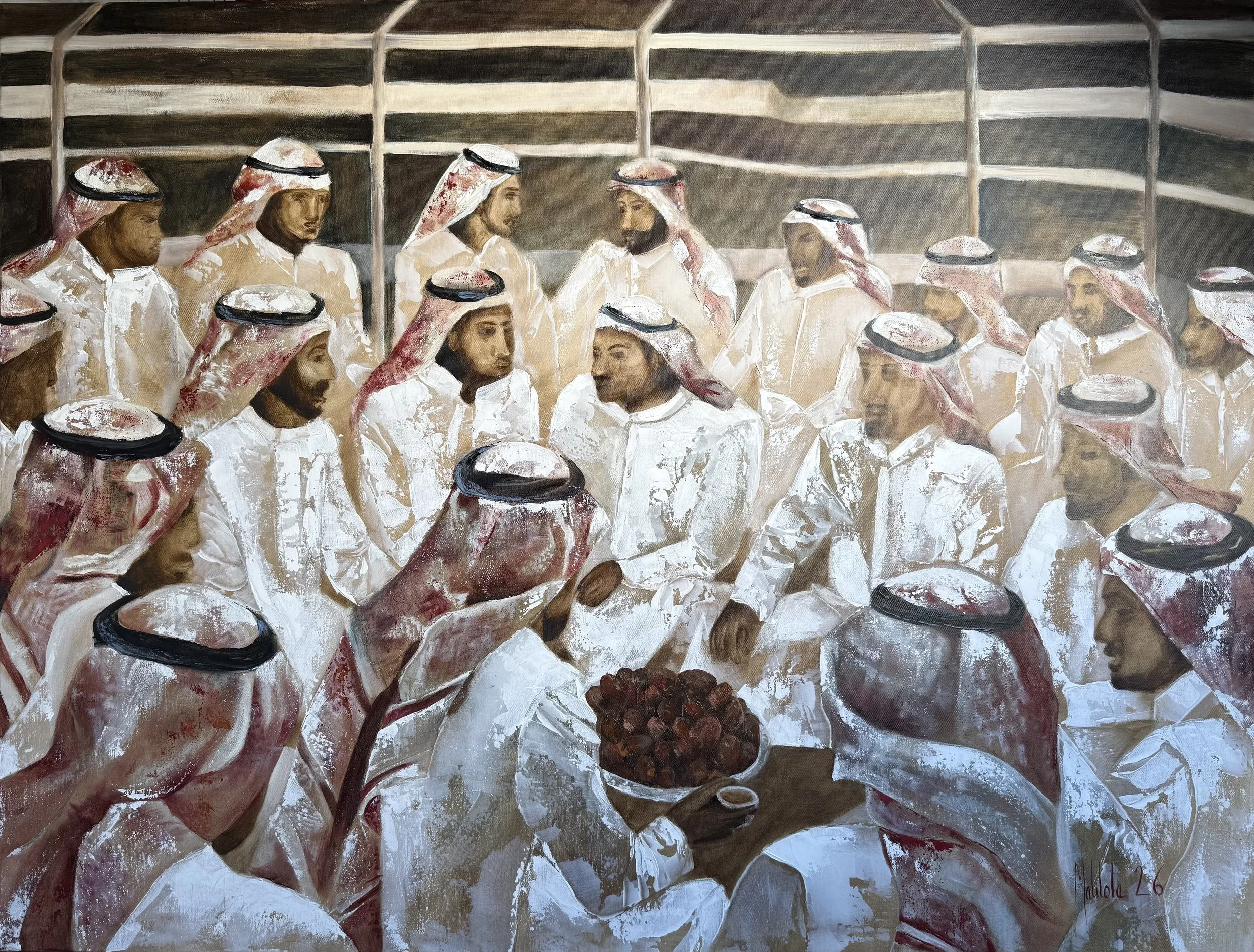 Marie-Laure HUBERT's painting of many Saudi men in traditional white garments and head coverings gathered around a table with a bowl of dates, under a tent.