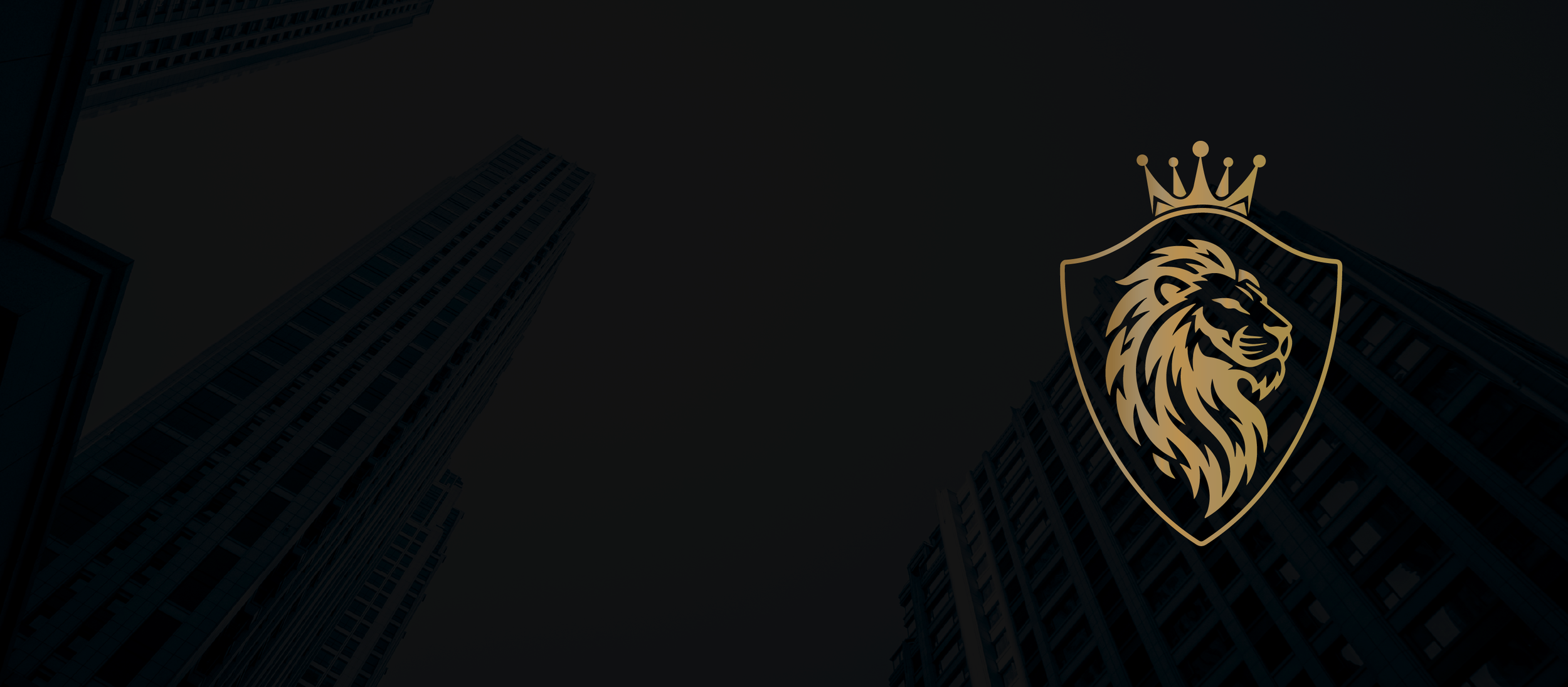 Dark background with a golden lion crest featuring a crown, overlaid on tall, dark city buildings.
