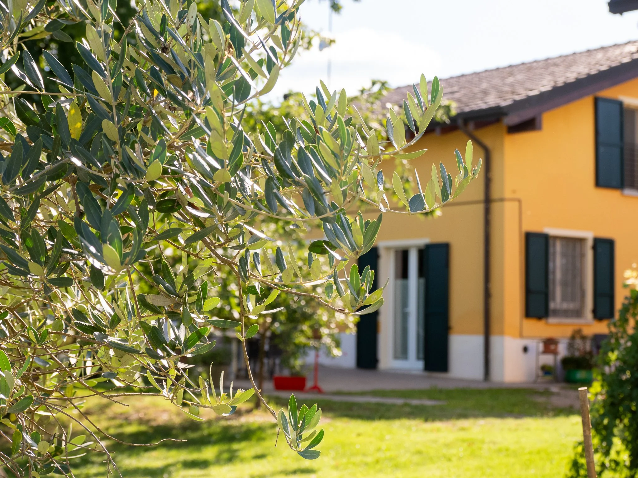Giardino di Casa Roberta con vista sulla casa, nella campagna di Reggio Emilia.
