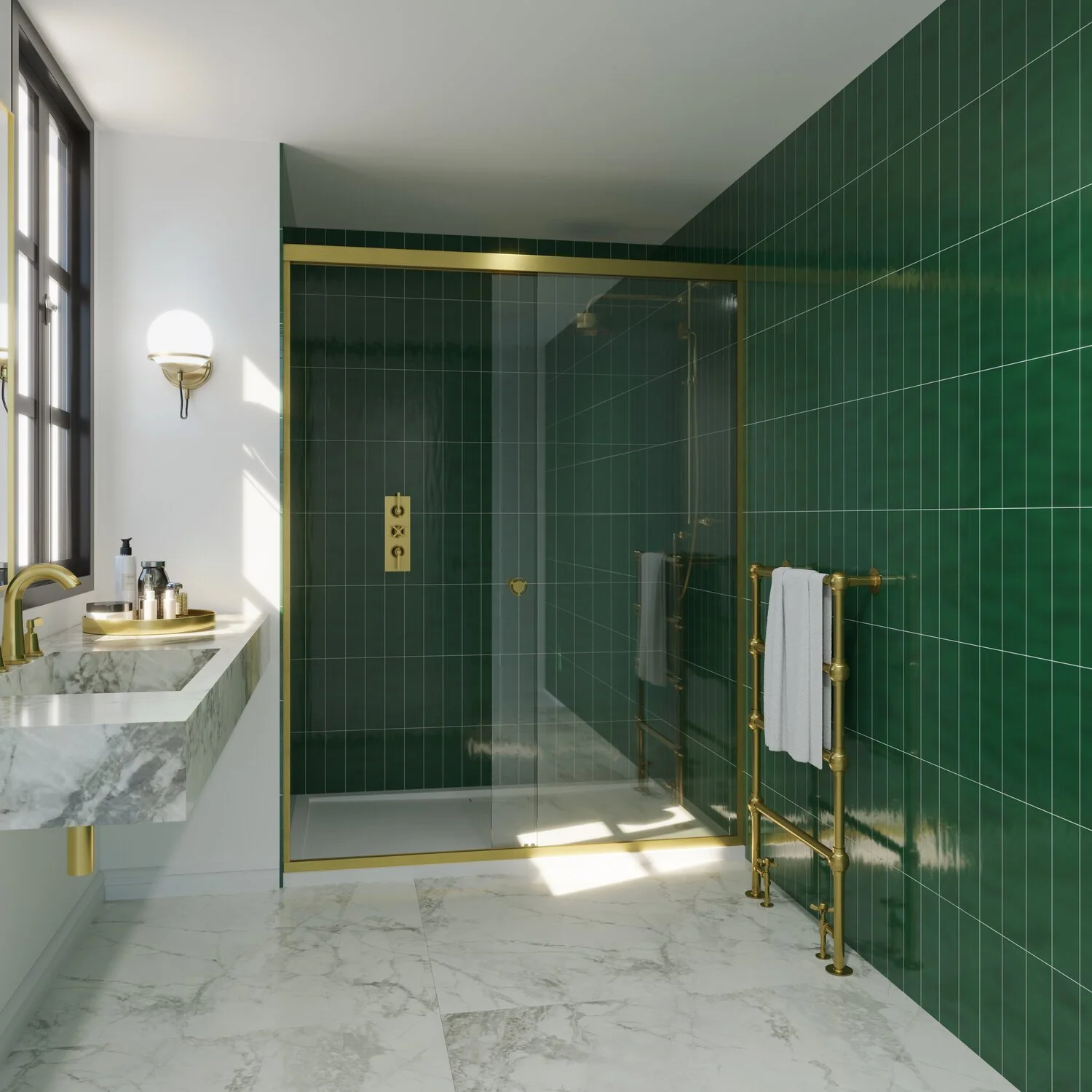Modern bathroom featuring a green tiled shower enclosure with gold accents, marble countertop with gold fixtures, and a towel rack with a white towel.