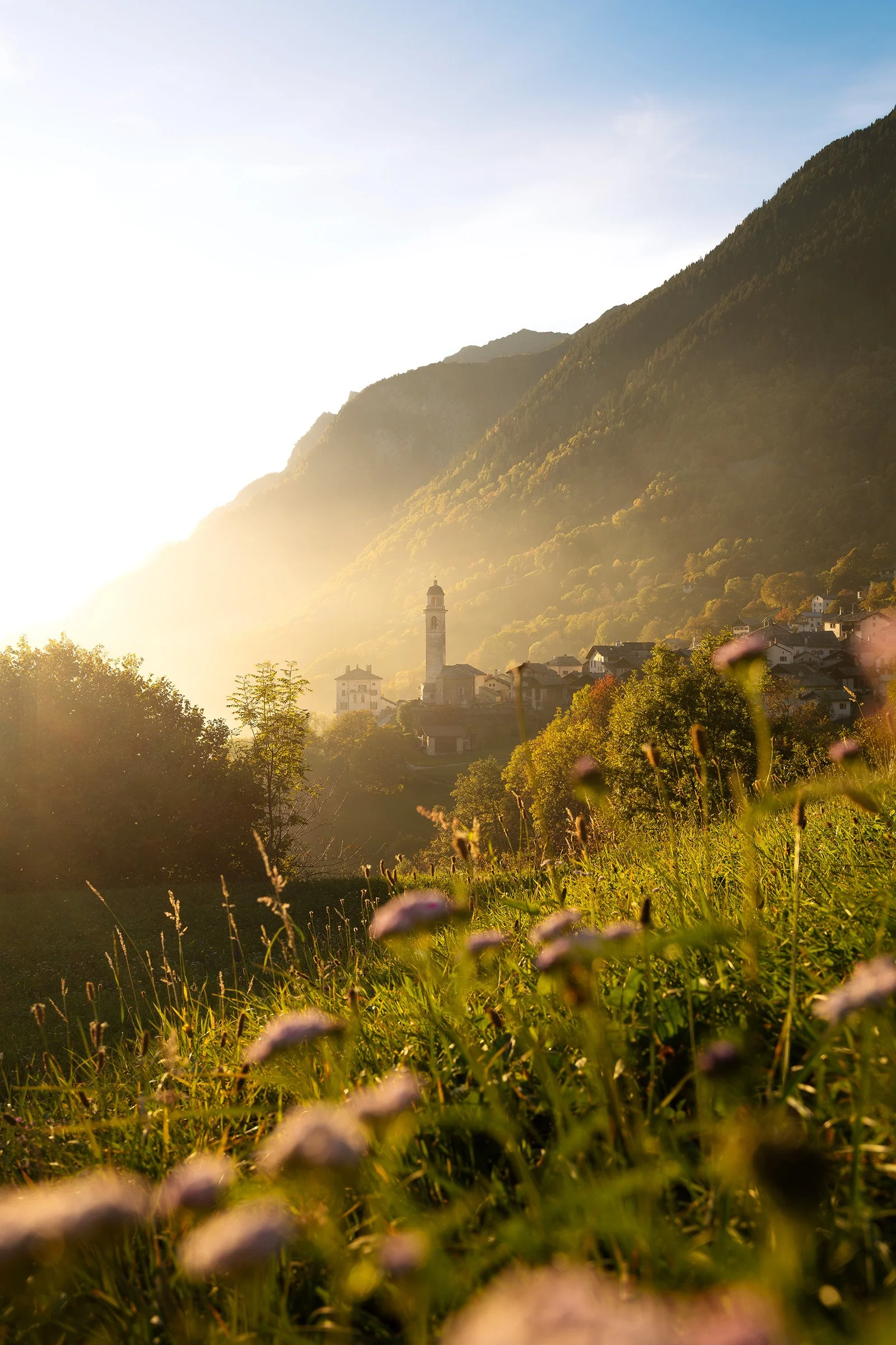 Soglio im Bergell bei Sonnenuntergang