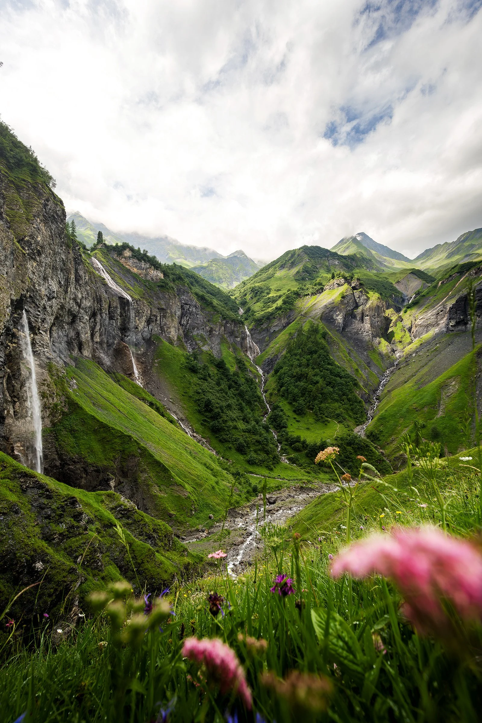 Berglandschaft mit grünen Hügeln, Wasserfällen und bewölktem Himmel, im Vordergrund bunte Blumen