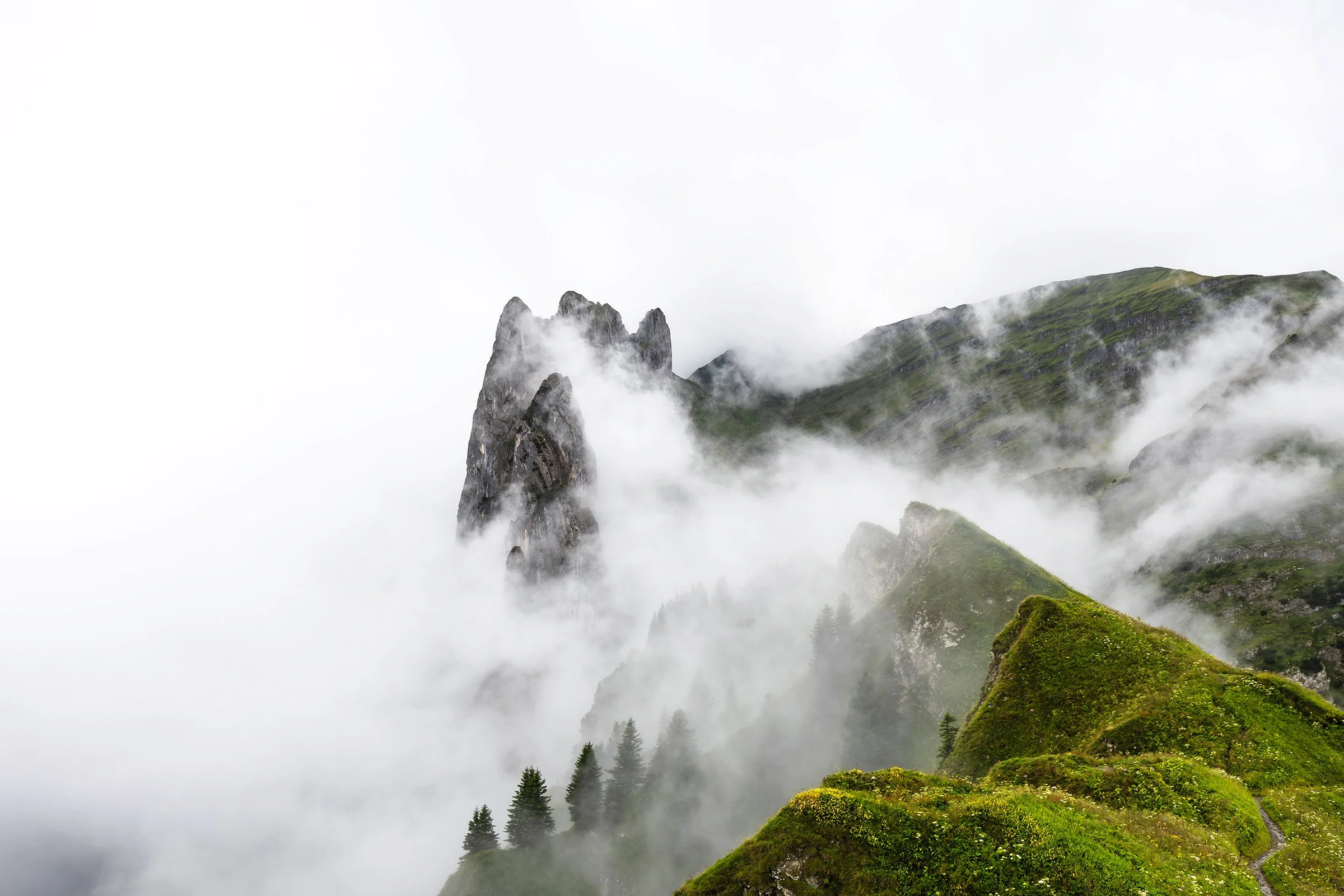 Neblige Berge mit grünen Hängen und Bäumen, teilweise umhüllt von Wolken und Nebel.