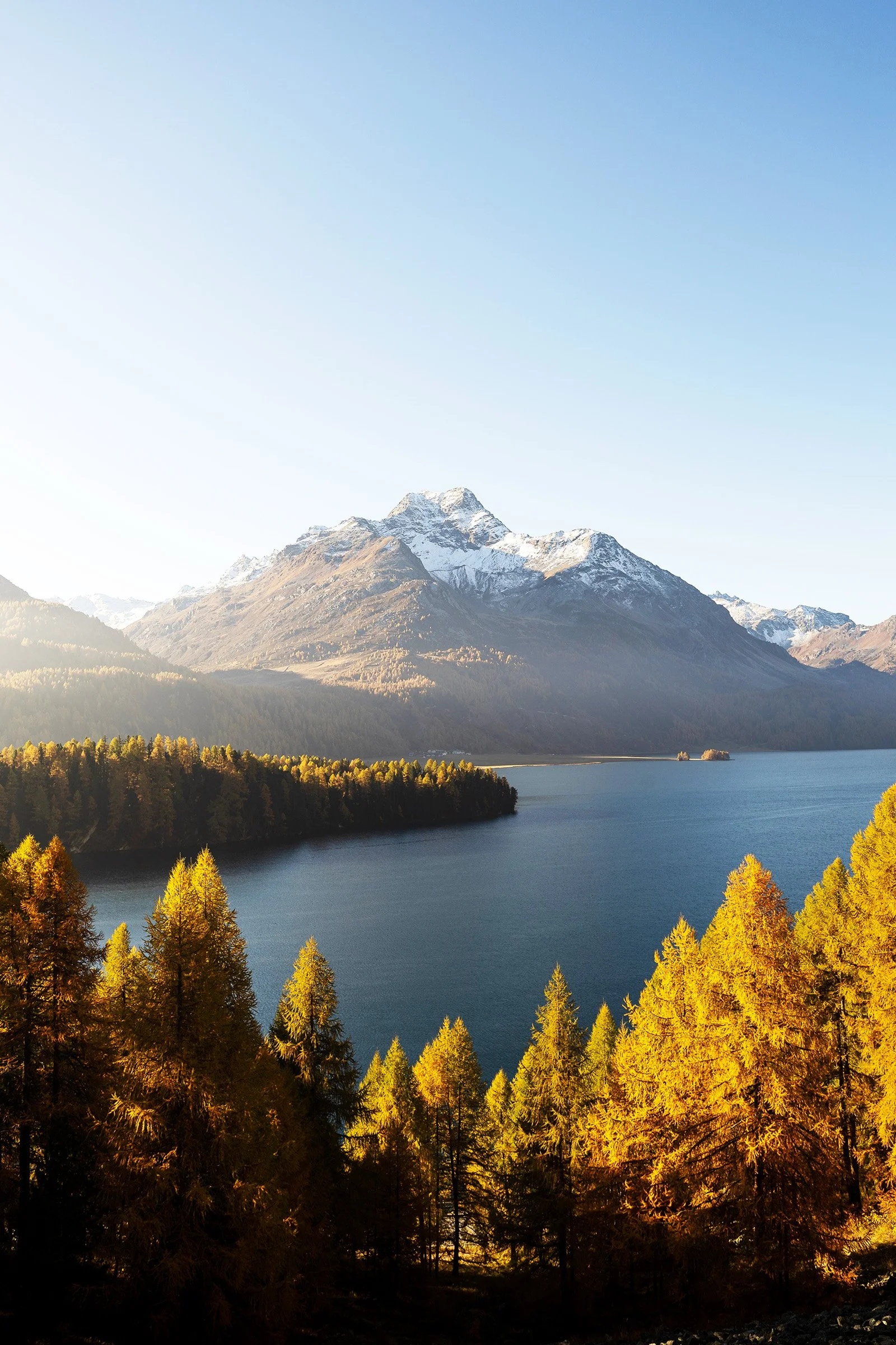 Sunrise auf der Via Engiadina oberhalb vom Silsersee im Herbst, Goldene Lärchen und blauer see