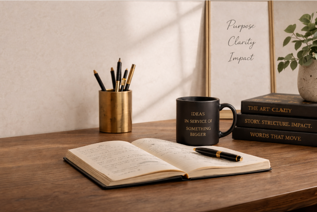 A wooden desk with an open notebook, a black coffee mug with gold text, a black pen, a stack of books with gold and orange text, a gold pen holder with black pens, a framed quote saying 'Purpose Clarity Impact,' and a potted plant.