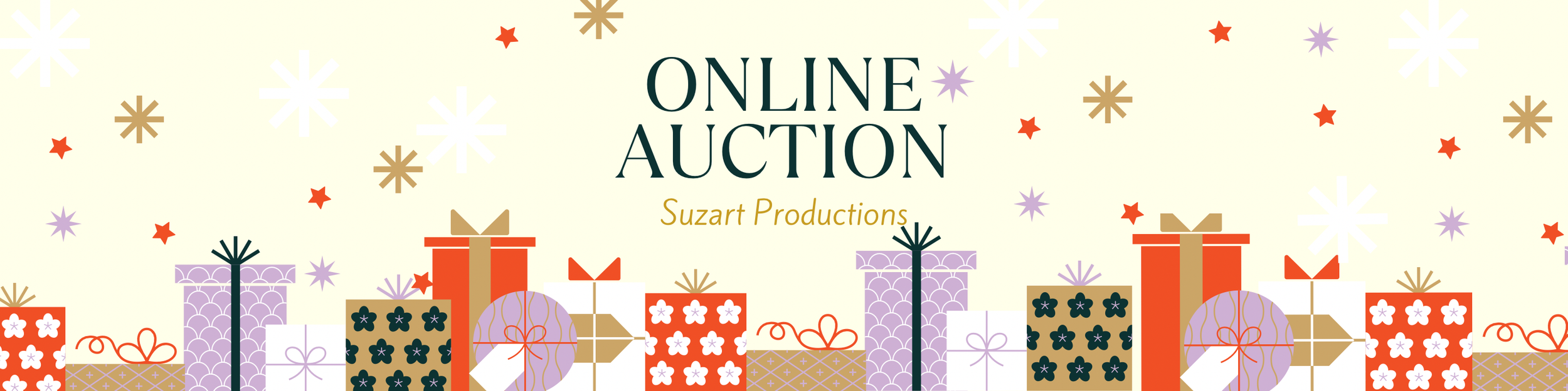 Holiday-themed graphic with wrapped presents and the text 'Online Auction' and 'Suzart Productions'